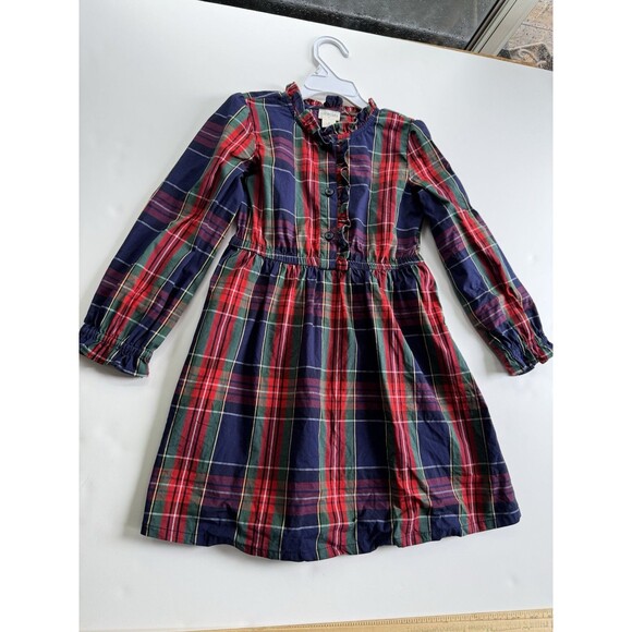 CREWCUTS Girls Red Navy Plaid Ruffle Detail Long Sleeve Dress - Size 6  No Belt - Picture 1 of 6
